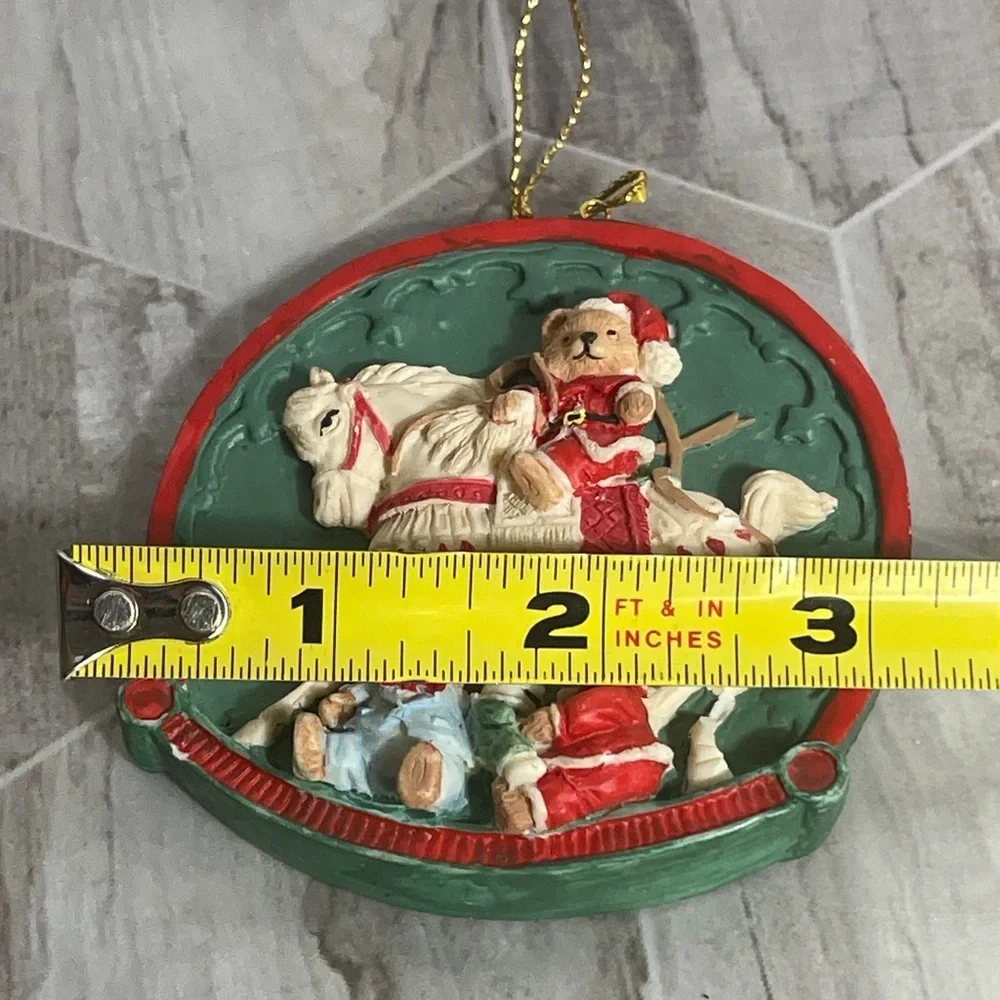 Vintage Style Teddy Bear Rocking Horse Christmas Ornament Resin